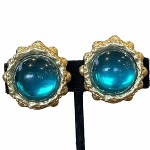 Vtg Gem Craft Aqua Blue Lucite Resin Dome Cabochon Earrings Runway Couture Clips